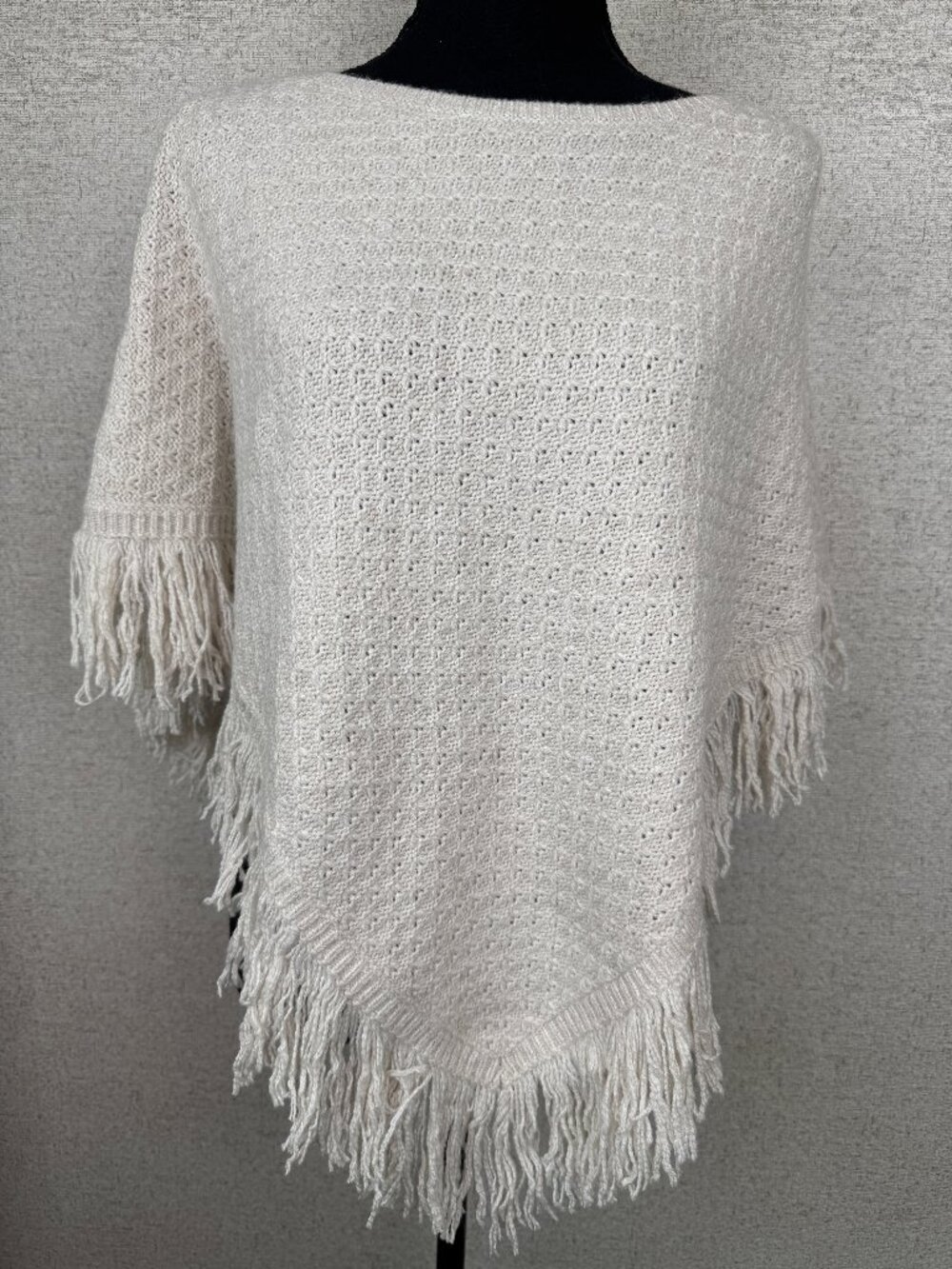 Hollister Cream Knit Fringe Poncho Sweater Boho Open Knit Cozy Cape S/M